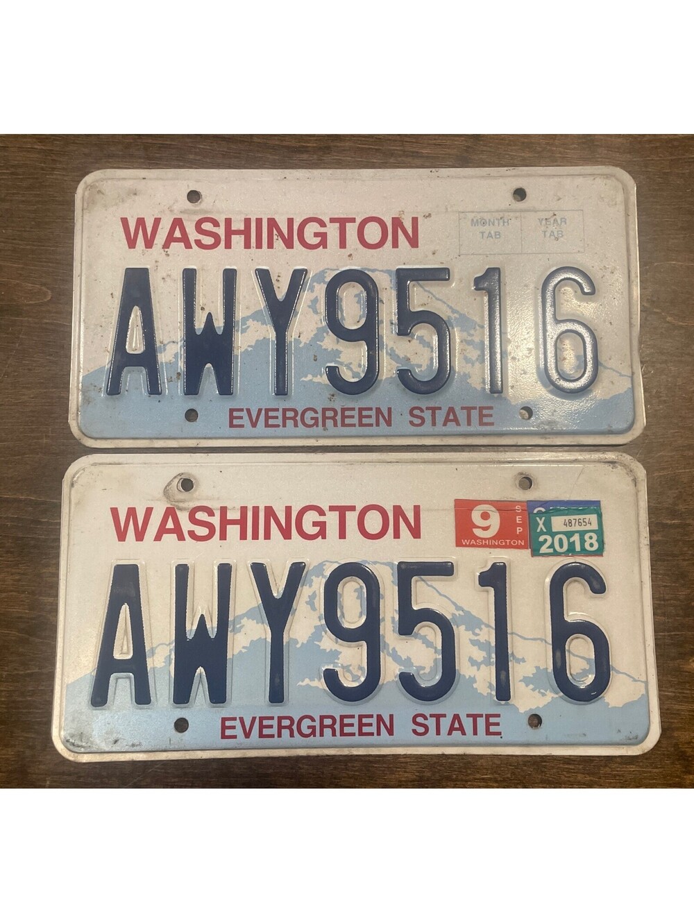 Washington License Plate Pair Expired AWY 9516 Sign Retro Embossed WA State 2018